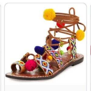 Colorful Beaded Sandals with Pom Poms